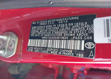 2014 Toyota Yaris L (Tmmf Plant) from USA, damaged, VIN VNKKTUD32EA010825